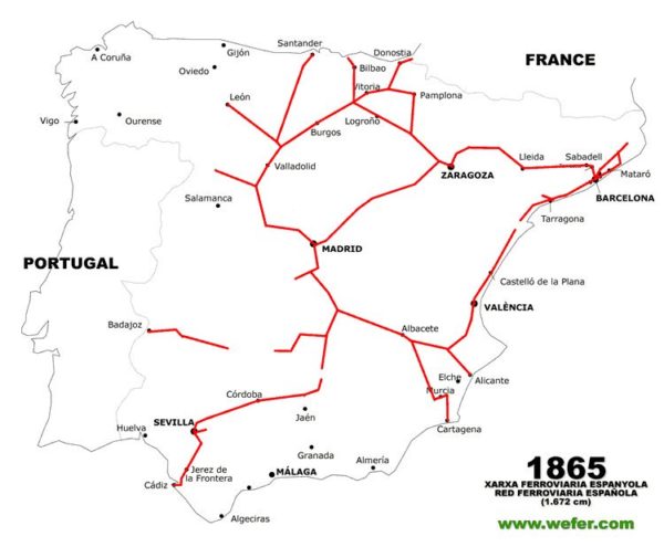 Mapa del Ferrocarril en España en 1865.