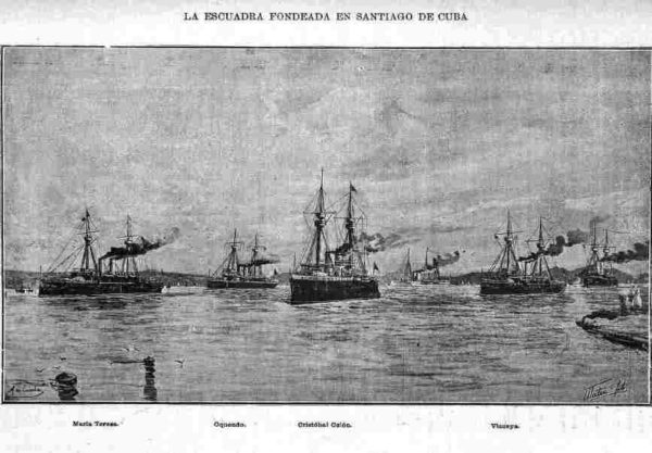 Escuadrón español fondeando frente a Santiago de Cuba. 